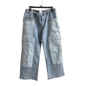 Bohme Wide Leg Jeans Womens 30 Light Wash Pinstripe Patch Utility FL2112HR-BH